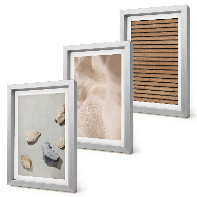 Framed triptych Stones, wood, fabric, various textures