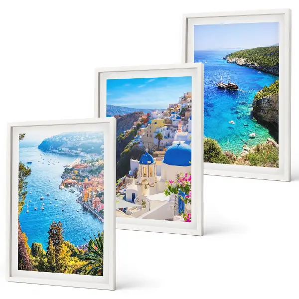 Three-piece wall art set featuring Greek views of Santorini Oia