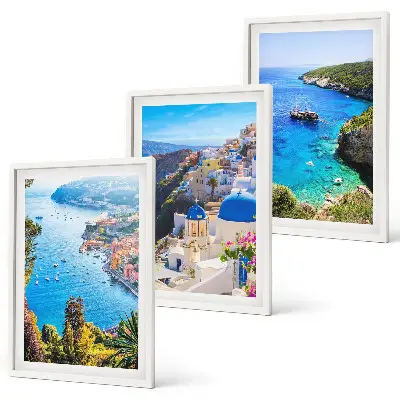 Three-piece wall art set featuring Greek views of Santorini Oia