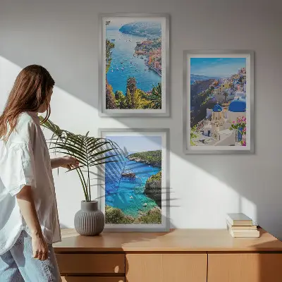 Three-piece wall art set featuring Greek views of Santorini Oia