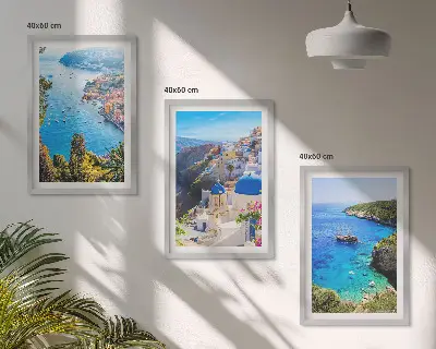 Three-piece wall art set featuring Greek views of Santorini Oia