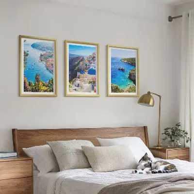 Three-piece wall art set featuring Greek views of Santorini Oia