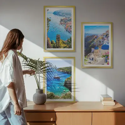 Three-piece wall art set featuring Greek views of Santorini Oia