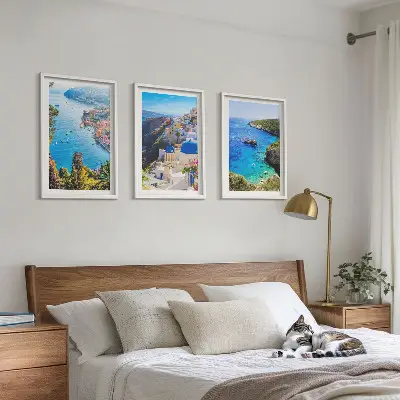 Three-piece wall art set featuring Greek views of Santorini Oia