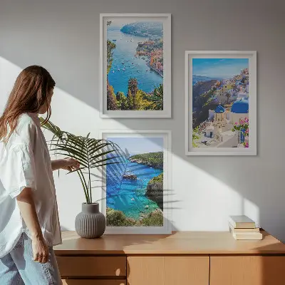 Three-piece wall art set featuring Greek views of Santorini Oia