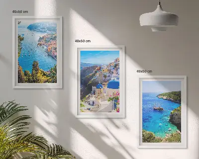Three-piece wall art set featuring Greek views of Santorini Oia