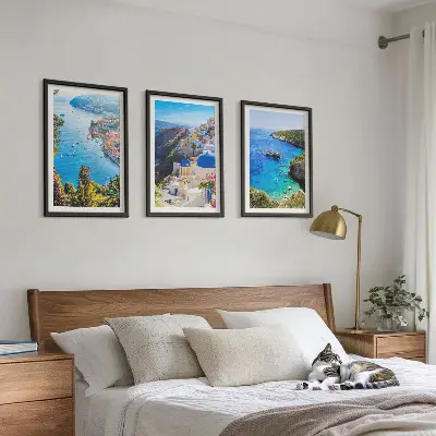 Three-piece wall art set featuring Greek views of Santorini Oia