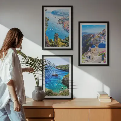 Three-piece wall art set featuring Greek views of Santorini Oia