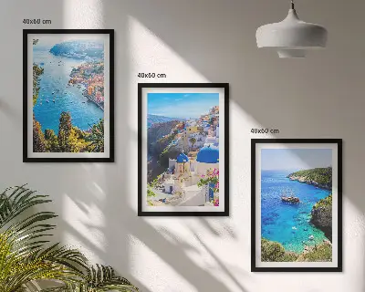 Three-piece wall art set featuring Greek views of Santorini Oia