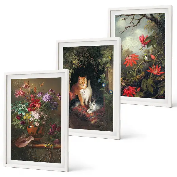 Set of 3 framed wall art pieces featuring vintage flowers and cats