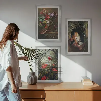 Set of 3 framed wall art pieces featuring vintage flowers and cats