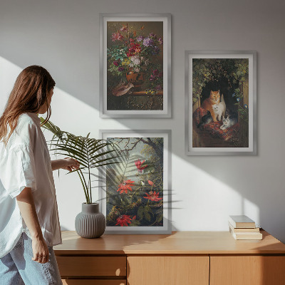 Set of 3 framed wall art pieces Vintage flowers cats nature