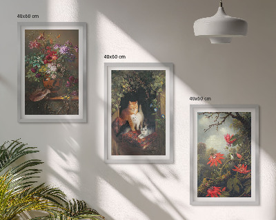 Set of 3 framed wall art pieces Vintage flowers cats nature