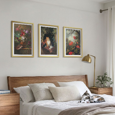 Set of 3 framed wall art pieces Vintage flowers cats nature