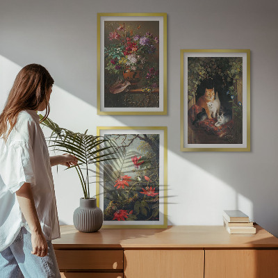 Set of 3 framed wall art pieces Vintage flowers cats nature