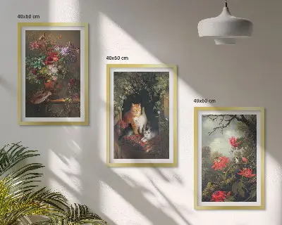 Set of 3 framed wall art pieces featuring vintage flowers and cats