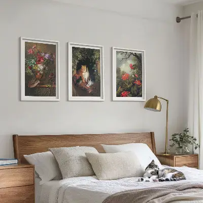 Set of 3 framed wall art pieces featuring vintage flowers and cats