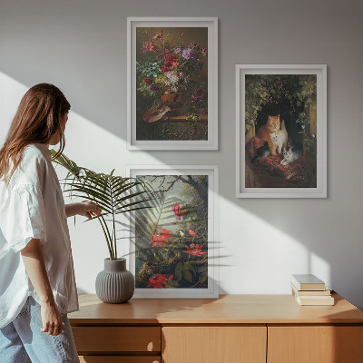 Set of 3 framed wall art pieces Vintage flowers cats nature