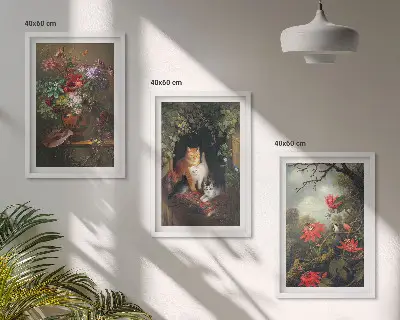 Set of 3 framed wall art pieces featuring vintage flowers and cats