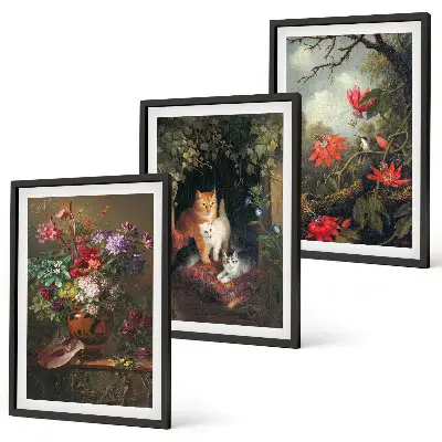 Set of 3 framed wall art pieces featuring vintage flowers and cats