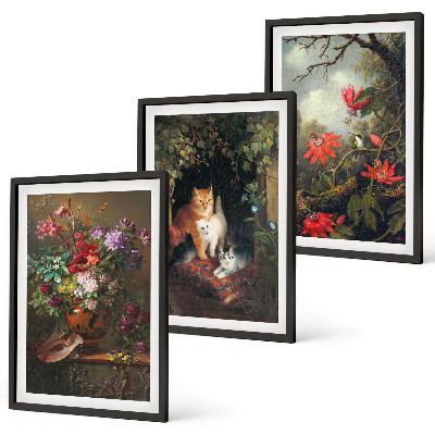 Set of 3 framed wall art pieces Vintage flowers cats nature