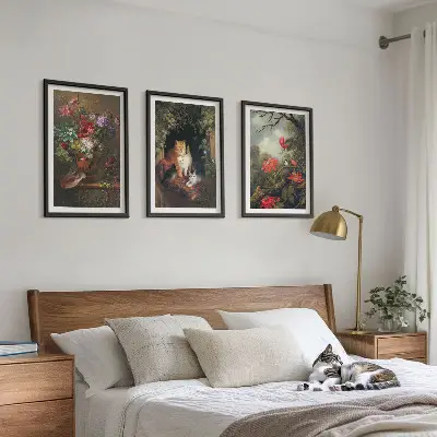 Set of 3 framed wall art pieces featuring vintage flowers and cats