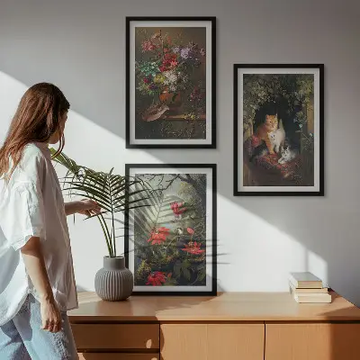 Set of 3 framed wall art pieces featuring vintage flowers and cats