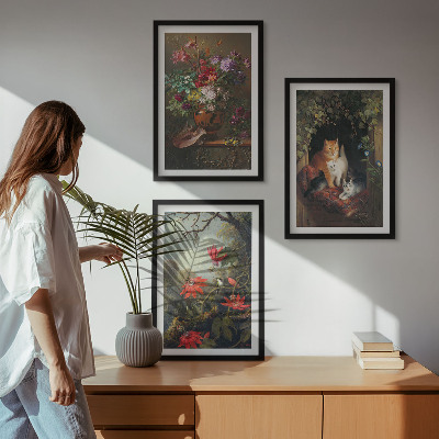 Set of 3 framed wall art pieces Vintage flowers cats nature