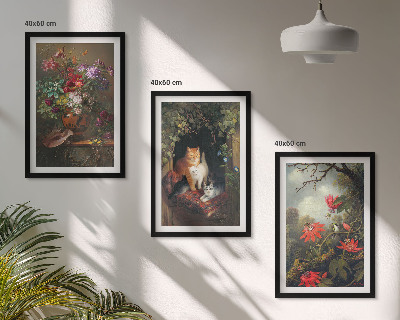 Set of 3 framed wall art pieces Vintage flowers cats nature