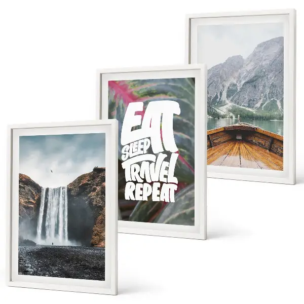 Wall art set featuring a landscape of waterfall mountains and a boat