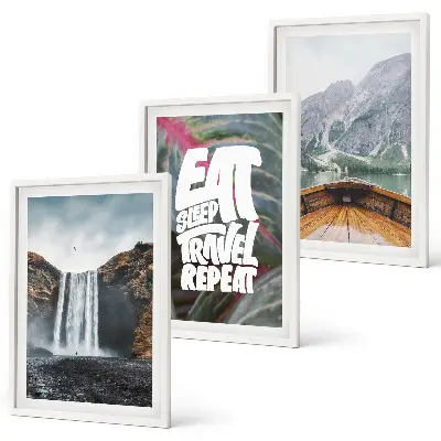 Wall art set featuring a landscape of waterfall mountains and a boat