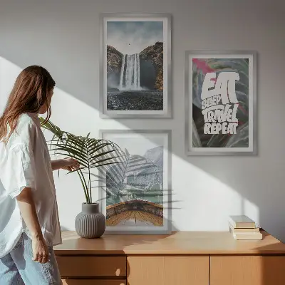 Wall art set featuring a landscape of waterfall mountains and a boat