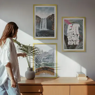 Wall art set featuring a landscape of waterfall mountains and a boat