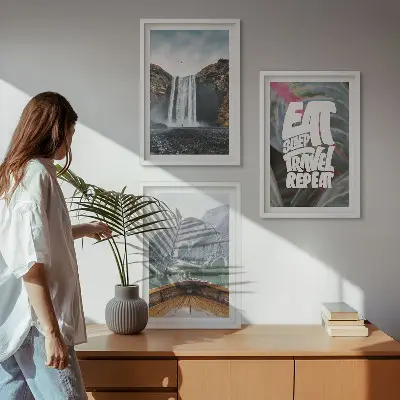 Wall art set featuring a landscape of waterfall mountains and a boat