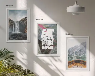 Wall art set featuring a landscape of waterfall mountains and a boat