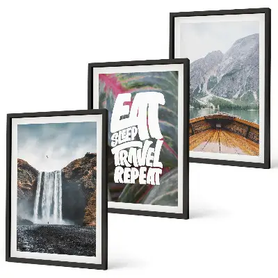 Wall art set featuring a landscape of waterfall mountains and a boat