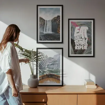 Wall art set featuring a landscape of waterfall mountains and a boat