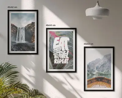Wall art set featuring a landscape of waterfall mountains and a boat