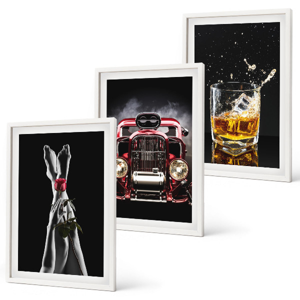 Three-piece wall art piece Women's legs rose car whisky
