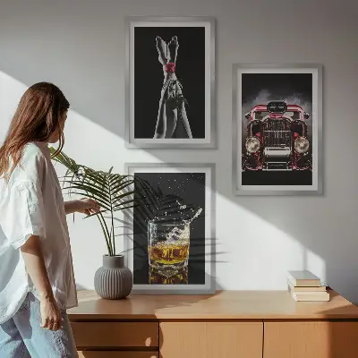 Three-piece wall art set with women's legs, roses, a car, and whisky