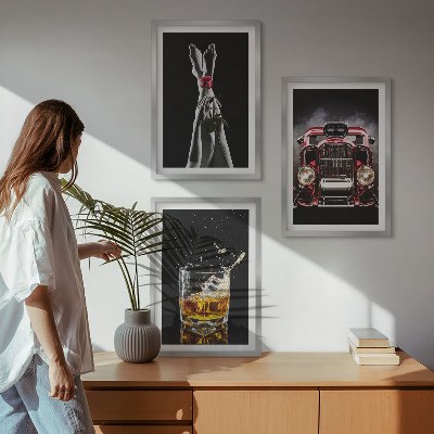 Three-piece wall art piece Women's legs rose car whisky