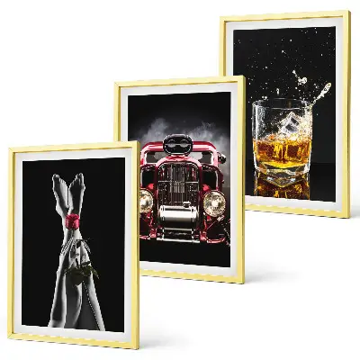 Three-piece wall art set with women's legs, roses, a car, and whisky