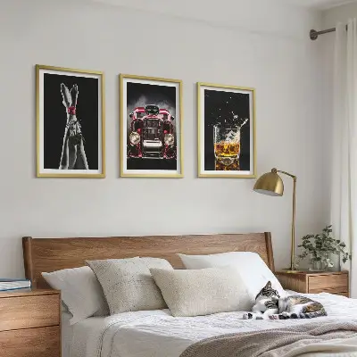 Three-piece wall art set with women's legs, roses, a car, and whisky