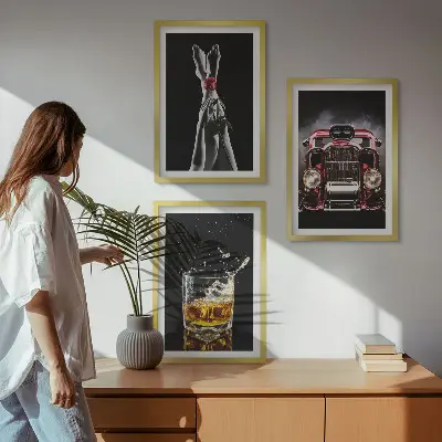 Three-piece wall art set with women's legs, roses, a car, and whisky