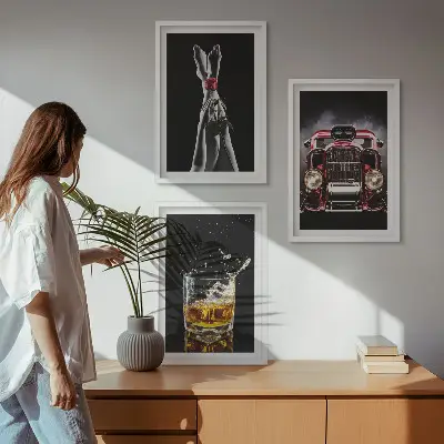 Three-piece wall art set with women's legs, roses, a car, and whisky