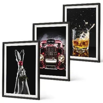 Three-piece wall art set with women's legs, roses, a car, and whisky