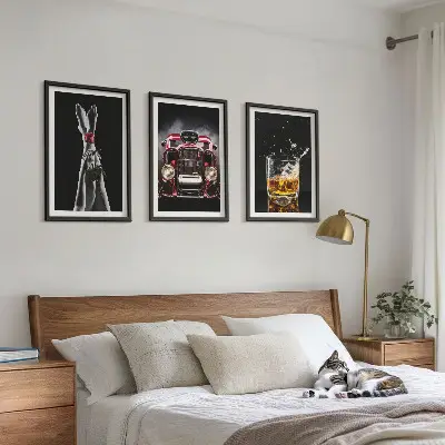 Three-piece wall art set with women's legs, roses, a car, and whisky