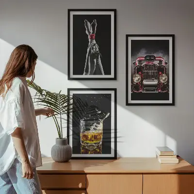Three-piece wall art set with women's legs, roses, a car, and whisky