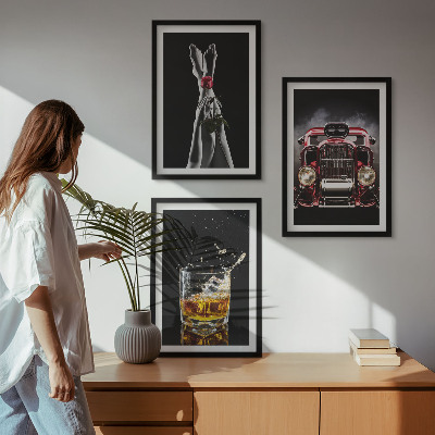 Three-piece wall art piece Women's legs rose car whisky