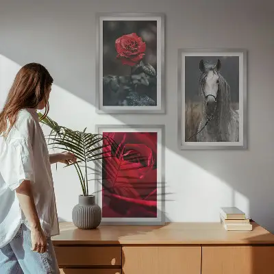 Set of 3 framed wall art pieces featuring a red roses and horse design in a gray world